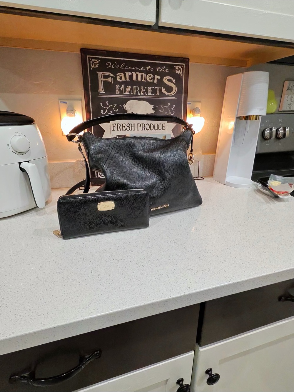 Michael Kors Black Pebbled Leather Shoulder Bag with Matching Wallet Set